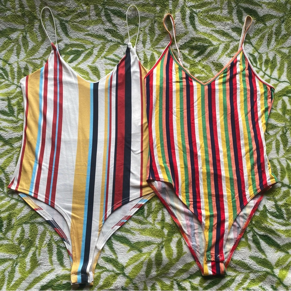 (2) NWOT BODYSUIT TANKS, FOREVER 21 & GAZE, Multicolored Striped, Small